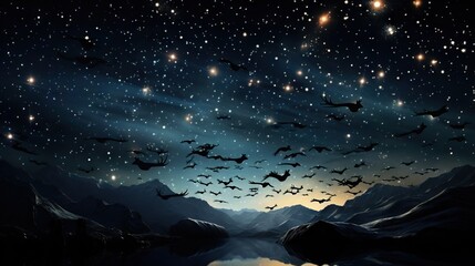 Fototapeta premium a painting of a night sky with a lot of birds flying over a lake. generative ai