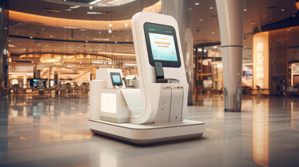 Automatic check-in machine in airport, boarding pass printer. Self-registration or registration online