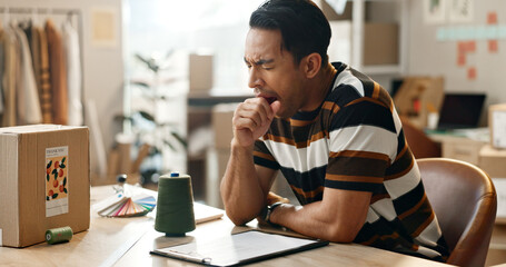 Fatigue, man and yawning with shipping company, delivery worker at desk with brain fog, small...