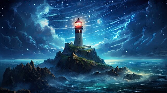  a painting of a lighthouse in the middle of the ocean.  generative ai