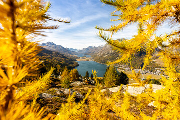 Autumn view of Engadin Valley with its lakes