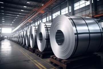 Rolls of carbon steel sheets in the factory, in a warehouse.