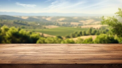 The empty wooden brown table top with blur background of Napa hill landscape. Exuberant image....