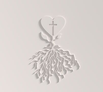 Heart shaped tree with christian cross and curled roots. Christianity concept illustration. 3D render