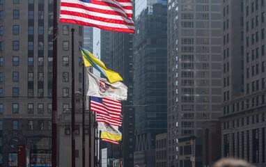 High resolution image of American flags together with the flag of the city of Chicago and Illinois...