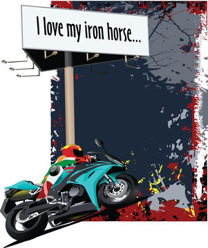 Natural  background with motorcycle image and billboard. Iron horse. Vector illustration