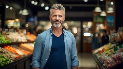 Fototapeta premium in a grocery section of a shopping mall, a man in his early 40s. He wears a contented expression and is gazing towards a store he's about to enter for a purchase. generative AI
