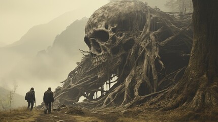 The elongated skulls on the mountain's pinnacle cast an eerie presence in the desolate expanse. - obrazy, fototapety, plakaty
