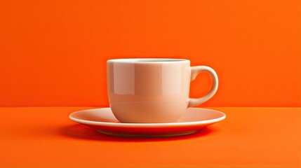  a white coffee cup and saucer on an orange background.  generative ai