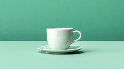  a white coffee cup and saucer on a green background.  generative ai
