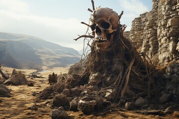 Long-forgotten skulls atop the mountain peak, in a desolate expanse, a haunting sight.