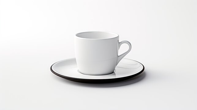  a white coffee cup and saucer on a white table.  generative ai