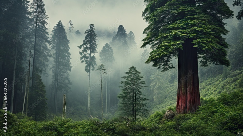 Poster a forest with tall trees and fog in the air and fog in the air. generative ai