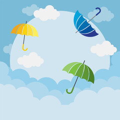 Fototapeta na wymiar Monsoon sale template. Umbrella, clouds, percent in water on blue background.