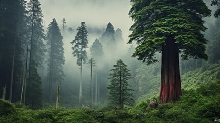  a forest with tall trees and fog in the air and fog in the air.  generative ai