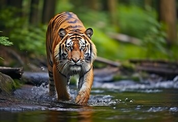 Naklejka premium Amur tiger walking in the water. Dangerous animal. Animal in a green forest stream.