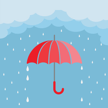 Monsoon sale template. Umbrella, clouds, percent in water on blue background.