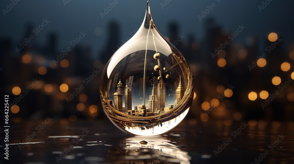 Poster a drop of water with a city in the reflection of it. generative ai