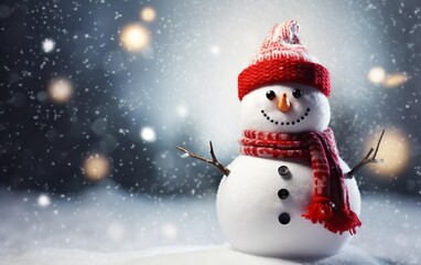 Happy snowman in a red hat and warm scarf standing on the snowy surface. Christmas poster, bokeh, de focus, copy space for your text at the left. AI Generative