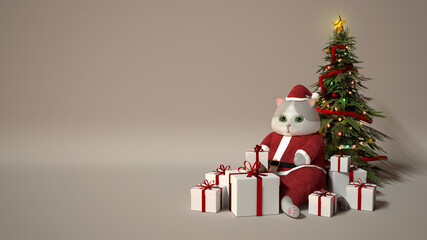 Cat in Santa Claus dress with gift boxes and Christmas tree, 3D render