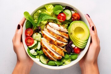 Grilled chicken meat and fresh vegetable salad of tomato, avocado, lettuce, and spinach. - obrazy, fototapety, plakaty