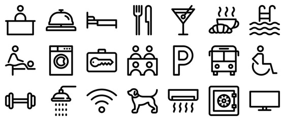 Hotel services line icon set. Reception desk, bell, restaurant, bar, cafe, swimming pool, gym, spa, laundry, luggage storage, wi-fi, meeting room outline pictograms. Editable stroke. Vector graphics