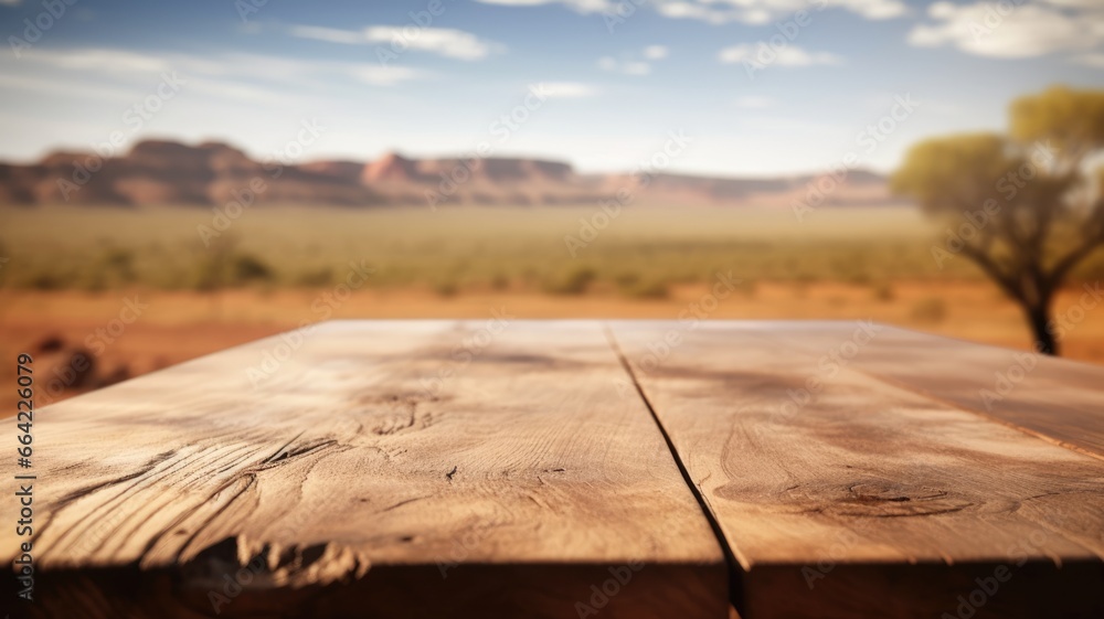 Poster the empty wooden table top with blur background of australian outback. exuberant image. generative a
