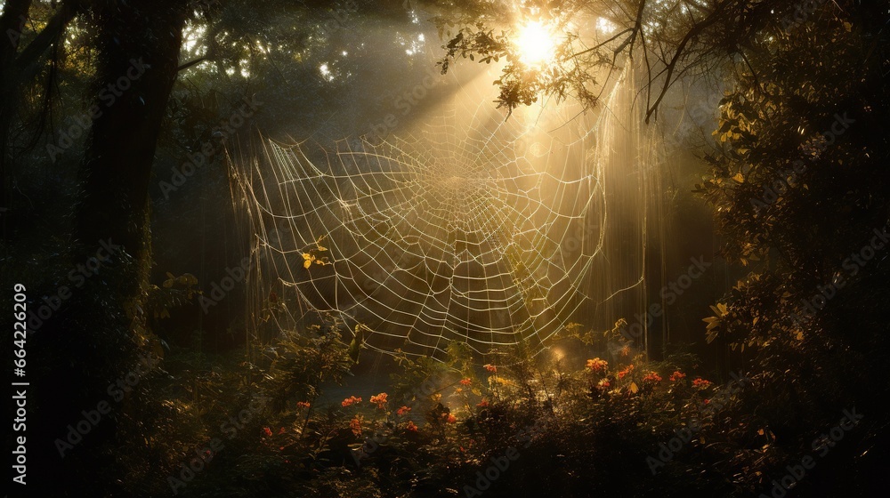 Poster a spider web in the middle of a forest with sunlight streaming through it. generative ai