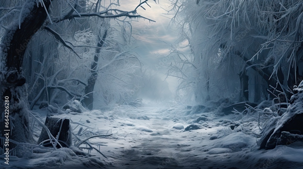Poster a path through a snowy forest with lots of snow on the ground. generative ai