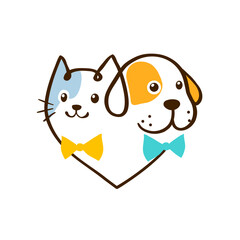 Cat and dog with bow tie head line icon with heart shape. Simple pet face pictogram,  linear drawing. Vector illustration - 664226614