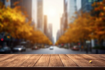 Naklejka na ściany i meble The empty wooden table top with blur background of business district and office building in autumn. Exuberant image. generative ai