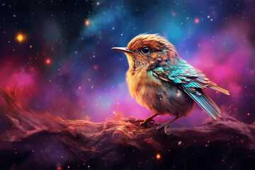 a bird with a background of colorful clouds and stars