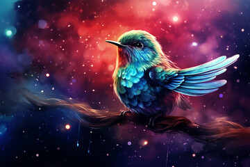 a bird with a background of colorful clouds and stars