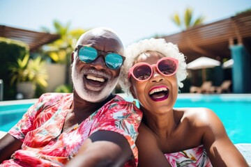 An elderly black couple of African Americans are swimming in the pool and enjoying their vacation.