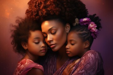 Naklejka premium A Heartwarming Moment of a Mother with Her Two Daughters. Fictional characters created by Generated AI.
