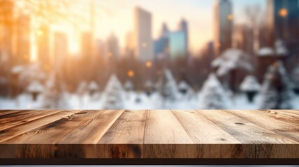 The empty wooden brown table top with blur background of home room in winter. Exuberant image....