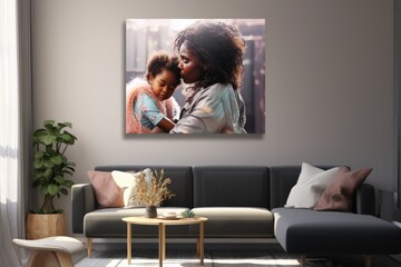 Obraz premium A Mother's Love - Portrait of a woman holding a child. Fictional characters created by Generated AI.