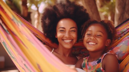 A joyful moment between a woman and a little girl as they pose for a picture in a hammock. Fictional characters created by Generated AI. - obrazy, fototapety, plakaty