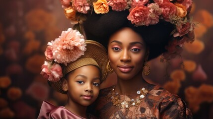 African American woman and little girl with flowers in their hair. Fictional characters created by Generated AI.