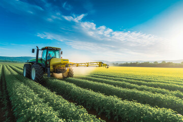 Fototapeta premium A spring generation soybean field being sprayed with pesticides. Agriculture and farming concept.