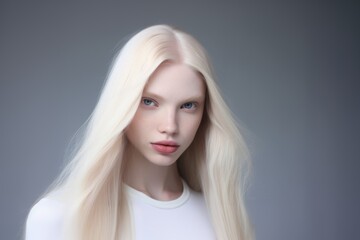 Naklejka premium The albino girl. A woman with white hair, eyebrows, blue eyes and freckles.