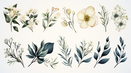 Set of floral watercolor logo elements. Wreath borders dividers, frame corners and minimalist flowers branch. Hand drawn line wedding herb, elegant leaves for invitation save the date card. Botanical