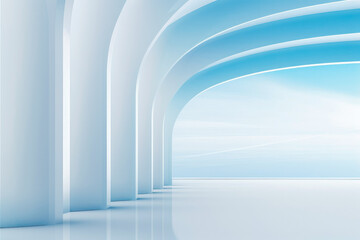 Beautiful airy wide screen minimalistic white and light blue background. White pillars on blue background.