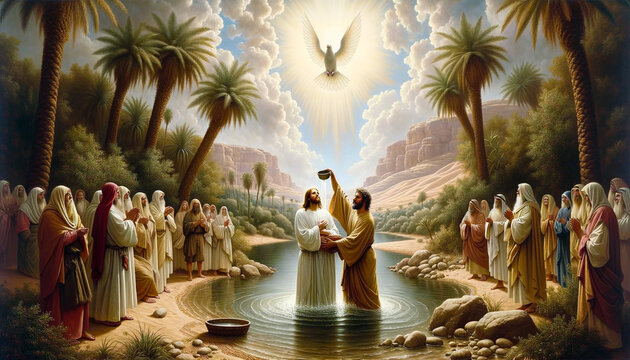 The Baptism of Jesus in the Jordan River and the descent of the Holy Spirit
