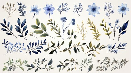 Set of floral watercolor logo elements. Wreath borders dividers, frame corners and minimalist flowers branch. Hand drawn line wedding herb, elegant leaves for invitation save the date card. Botanical