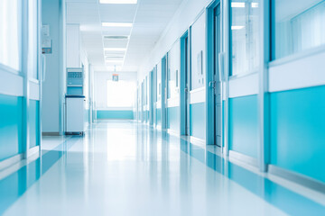 Blur blue image background of corridor in hospital or clinic. Medicine and healthcare concept