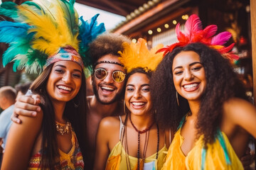 Brazilian carnival. Group of friends celebrating carnival in Brazil. - obrazy, fototapety, plakaty