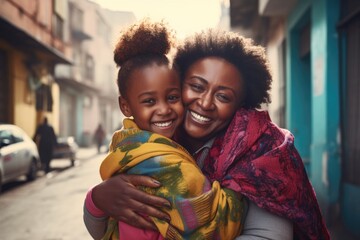 A joyful moment of a woman hugging a little girl. Fictional characters created by Generated AI. - obrazy, fototapety, plakaty