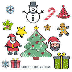 set of Christmas doodle drawing 