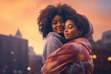 Two women with naturally curly hair share a warm embrace amidst a cityscape. Fictional characters created by Generated AI. - obrazy, fototapety, plakaty